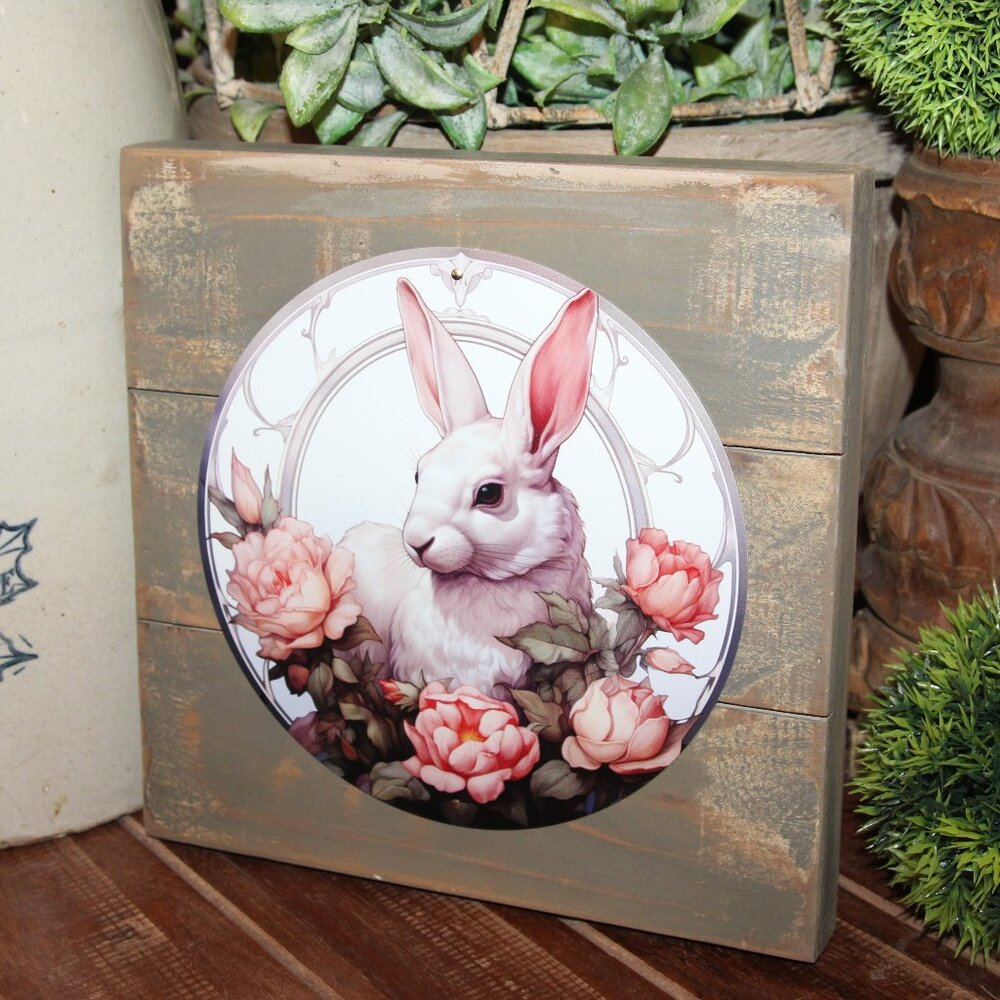 NEW Shabby Chic French Country Cottage Bunny Rabbit & Pink Floral Wall Decor
